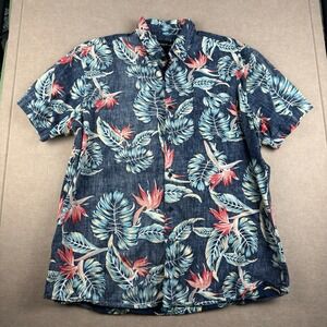 Molokai Surf Hawaiian Shirt XL Blue Floral Leaves Paradise Button Front‎ Cotton